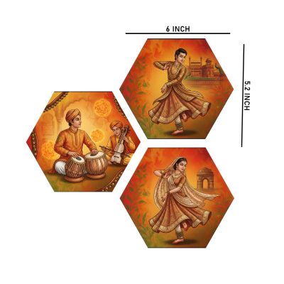 Set of 3 Hexagonal Shape Indian Classical Kathak Dance Wall Art Decor Traditional Musician and Dancer Theme Decor for Living Room, Office, and Cultural Wall Decoration